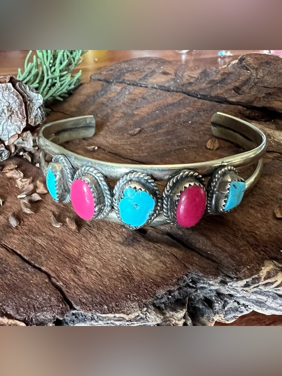 Navajo Jewelry - Navajo Coin Silver Bracelet Cuff Blue Turquoise Red Coral XL